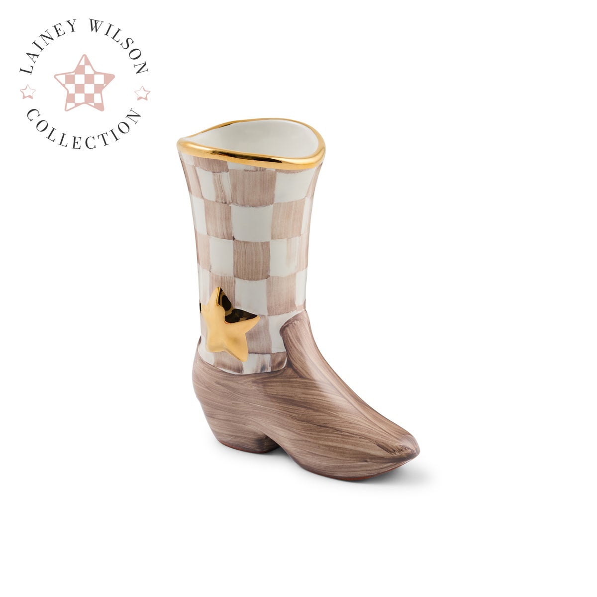Lainey Wilson Mocha Check Cowgirl Boot Bud Vase