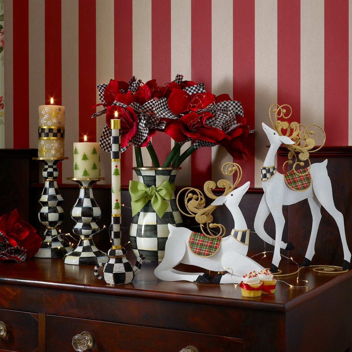 Christmas Tree Dinner Candles - Check Bands - Set of 2 - Image 3