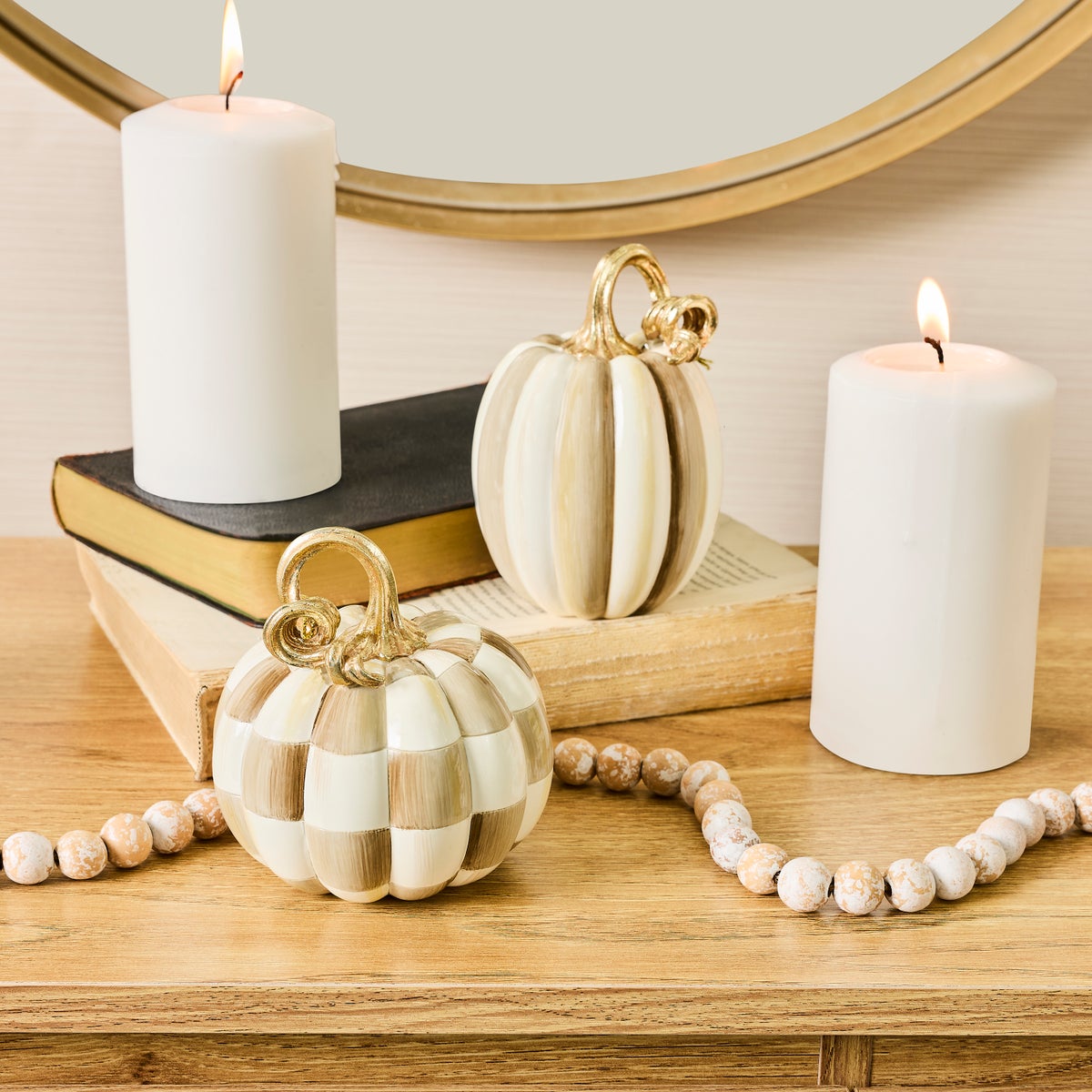 Mocha Check and Stripe Petite Pumpkins, Set of 2 - Image 2