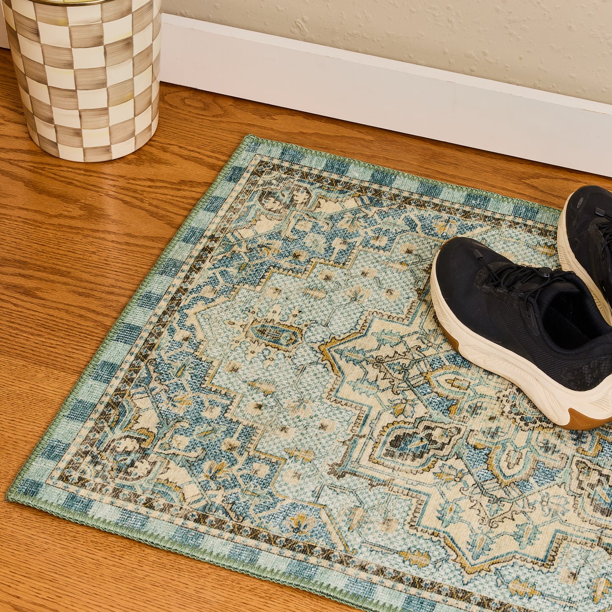 Heriz Checked Aqua 2' x 3' Washable Rug - Image 2