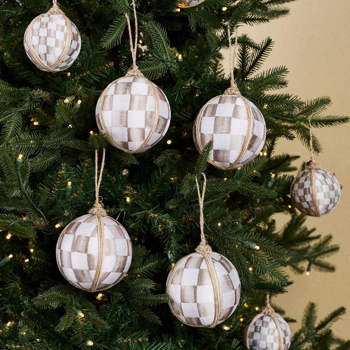 Mocha Check Fabric Large Ball Ornaments, Set of 4 - Image 2