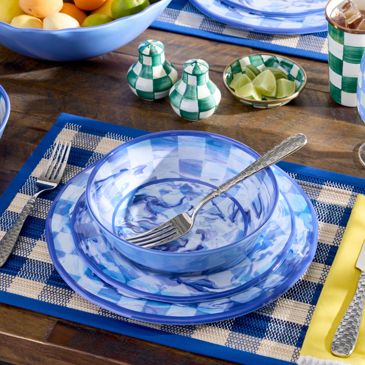 Blue Marble Check Melamine Salad Plates, Set of 4 - Image 2