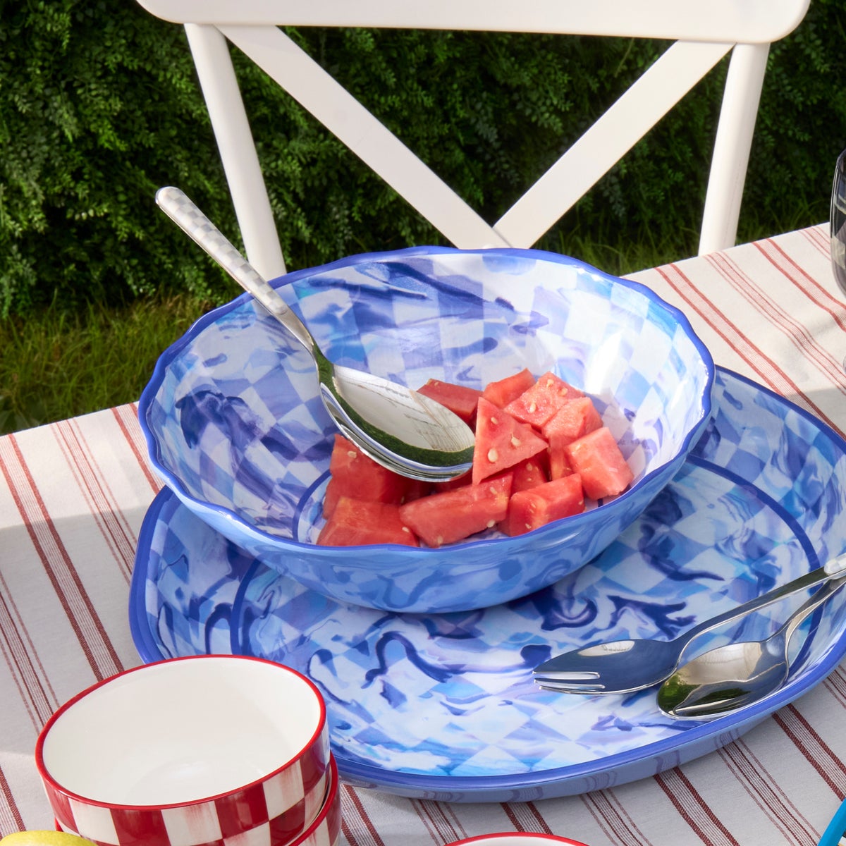 Blue Marble Check Melamine Serving Bowl - Image 4