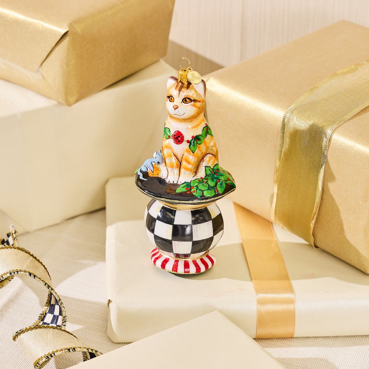 Cat on Tuffet Glass Ornament - Image 2