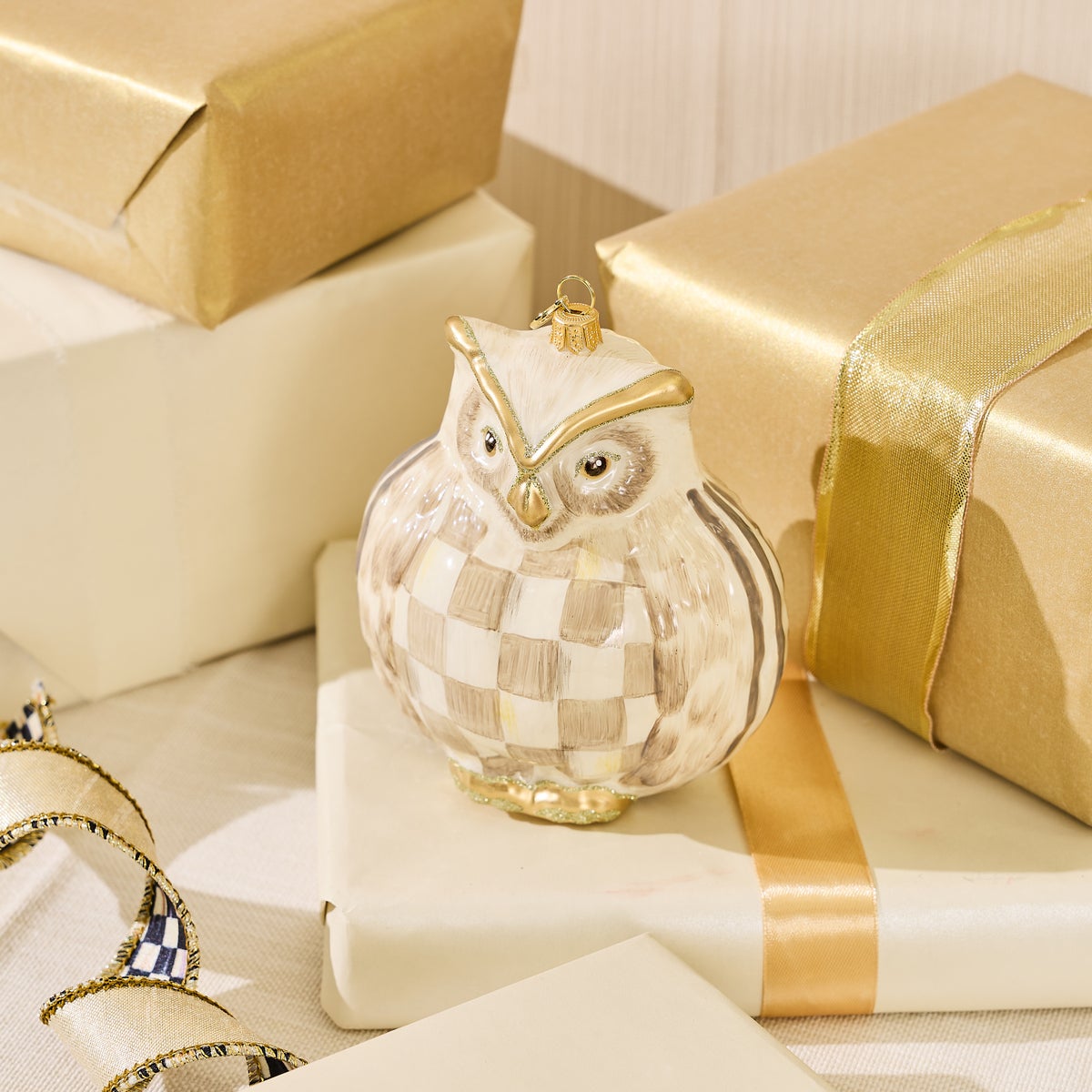 Mocha Check Owl Glass Ornament - Image 2