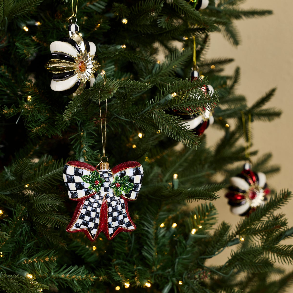 Courtly Check Holly Bow Glass Ornament - Image 2