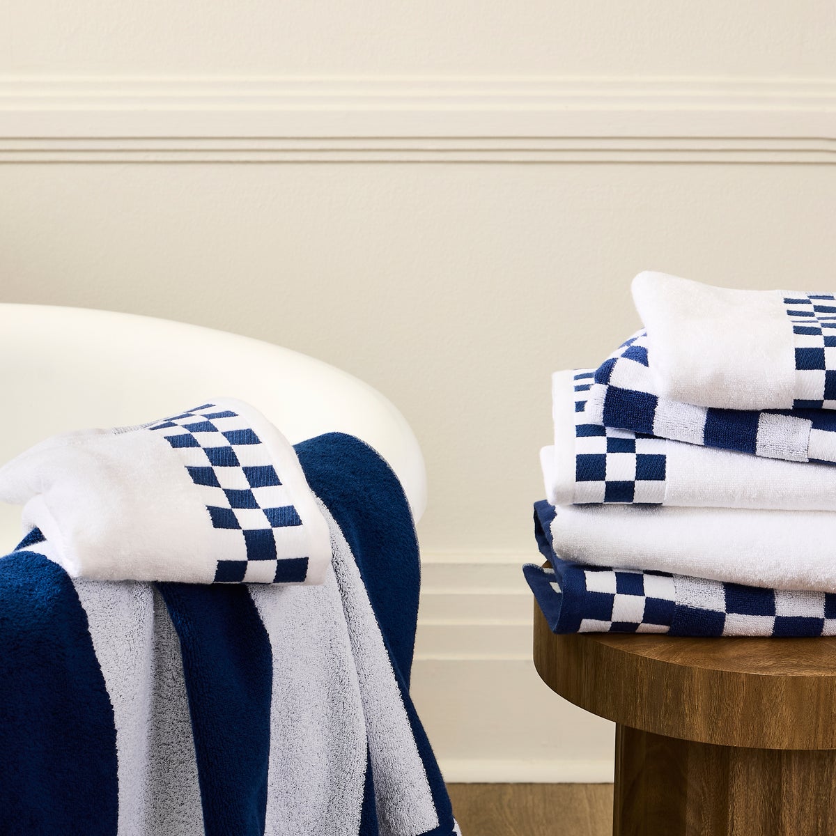 Bath Towel with Indigo Check Border - Image 2
