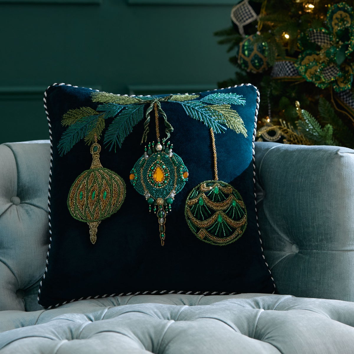 Emerald Ornaments Beaded Throw Pillow - Image 2