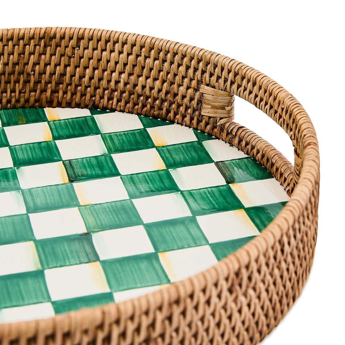 Emerald Check Enamel & Rattan Round Serving Tray - Image 3