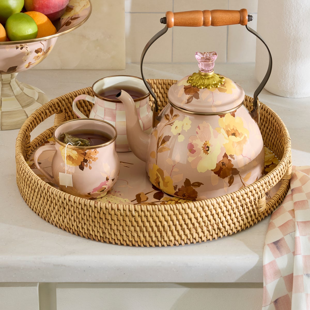 Wild Rose Mauve Enamel & Rattan Round Tray - Image 3