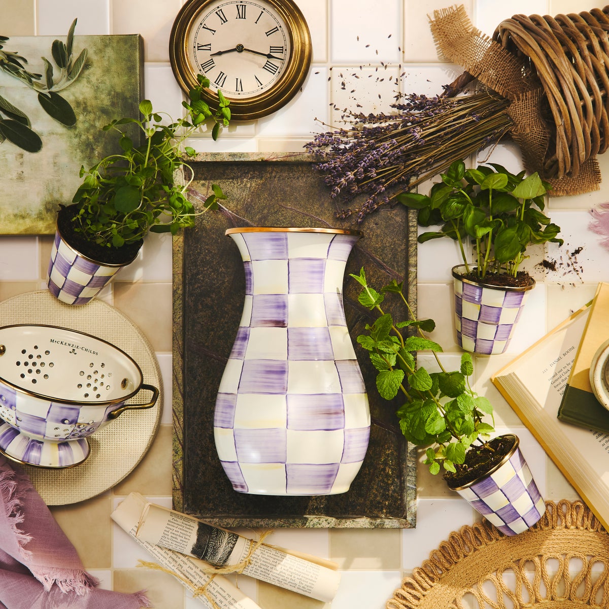 Violet Check Herb Pots, Set of 3 - Image 2